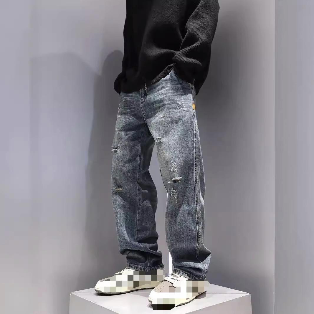 

Men s Baggy Ripped Jeans Fashion Hip Hop Hole Streetwear Distressed Washed Trousers Straight Loose American Denim Pants Asia S (42.5-50kg) синій