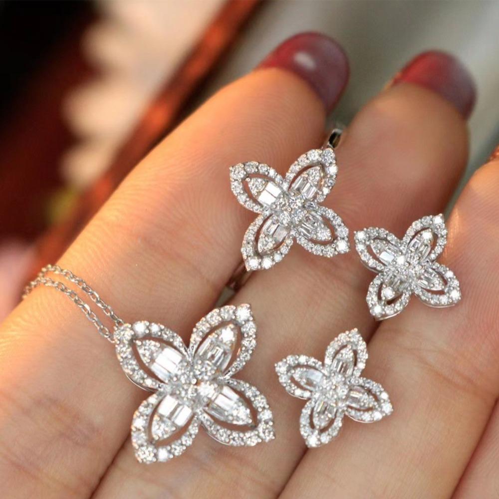 Women Jewelry Set Four Leaf Clover Necklace Diamond Ring Minimalist Stud Earrings
