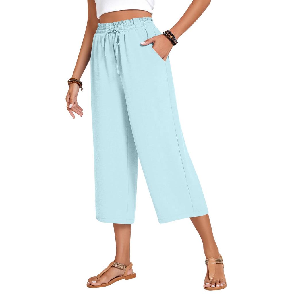 Damen Square Pocket Elastischer Bund Cropped Hose Lässige Baumwoll- und Leinenhose