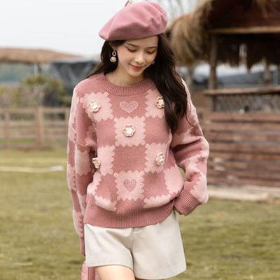 Autumn Winter Mori Sweater Women's Pink Flower Checkerboard Thickened Stomach-covering Slimming Knitted Top