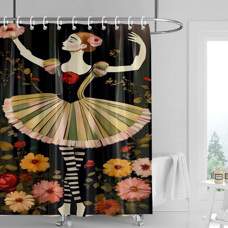 Ballerina Shower Curtain-Pink And Blue Ballerina Floral Print Waterproof Art Bathroom Decoration 180x 80cm 180 x240cm