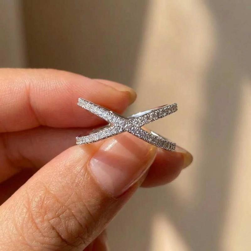 925 Sterling Copper Luxury Cross X Shape Women Engagement Ring Full Paved CZ Stone Elegant Simple Female Zircon Ring Hot Sale