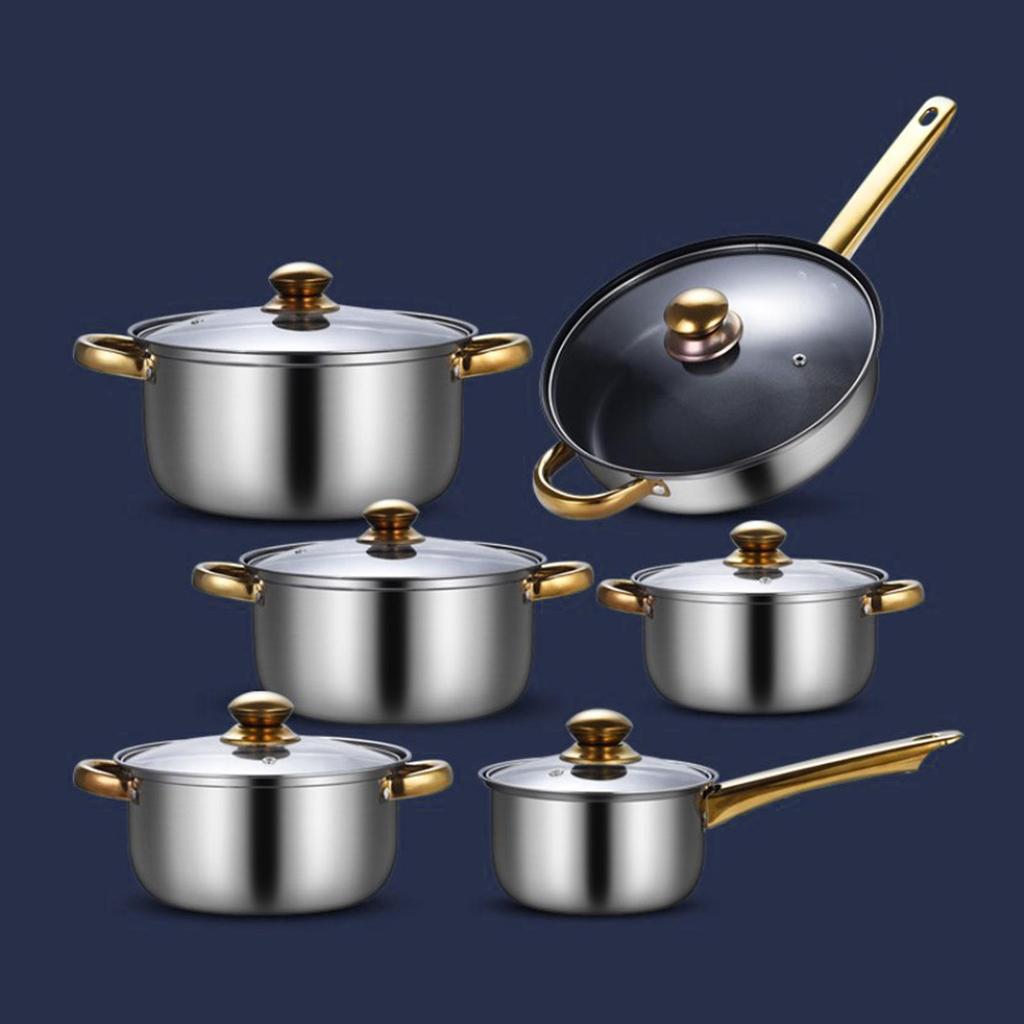 6 Pieces Stainless Steel Ergonomic Handle Portable Nonstick Pan Saucepan Pots and Pans Set Kitchen Cooking Set for Kitchen Home