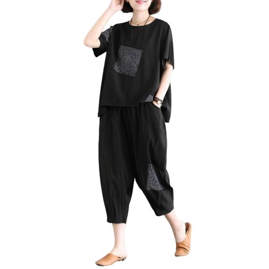 Women T-Shirt Pants Suit O Neck Elastic Waist Short Sleeves Loose Letter Print Summer Ladies Tee Sweatshirt Top Cropped Harem Trousers Kit Daily Wear