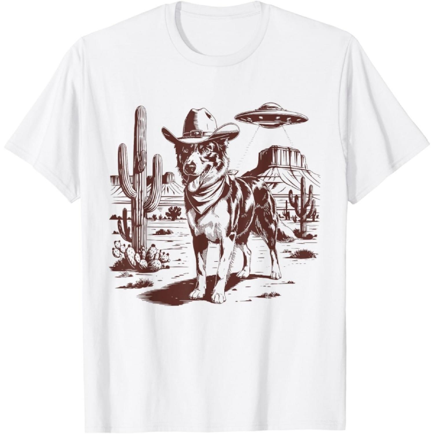 Border Collie UFO Western Vintage Alien 90s Retro Cowboy T-Shirt S
