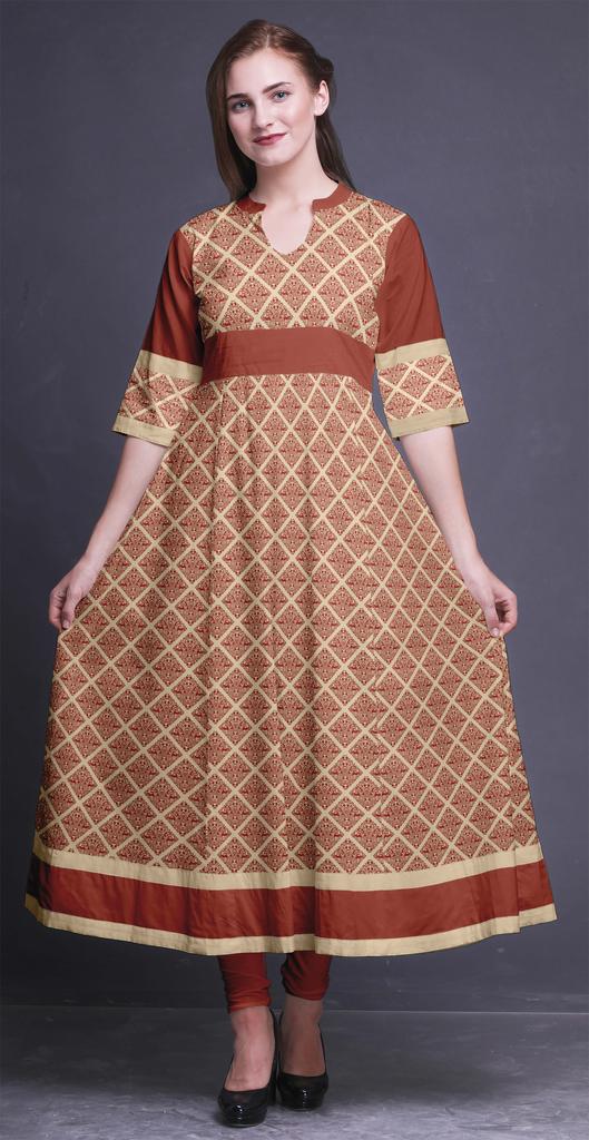 Bimba Gold Leaves & Peony Floral Printed Womens AnarkaliA  KurtiA  Kurta Flared Maxi Blouse