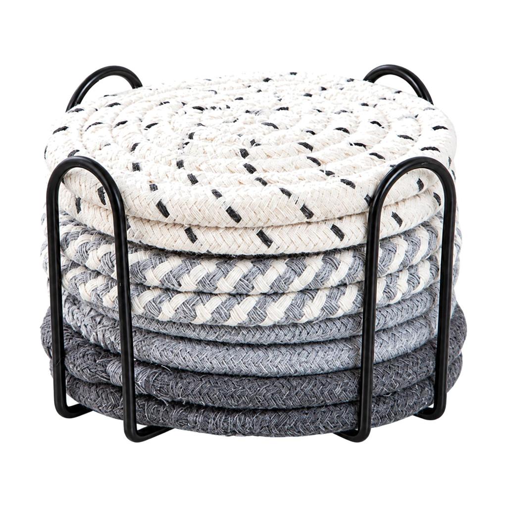 8 Pieces Braided Coaster Washable Set with Metal Storage Rack Reusable Thread Warming Mat