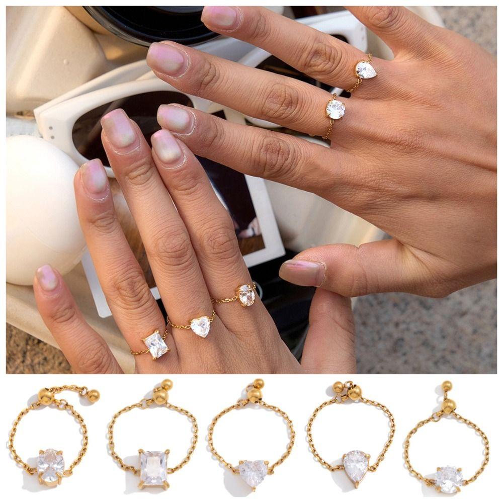 Exquisite Zirconia Chain Rings Minimalist Finger Jewelry Delicate Adjustable Chain Ring Party