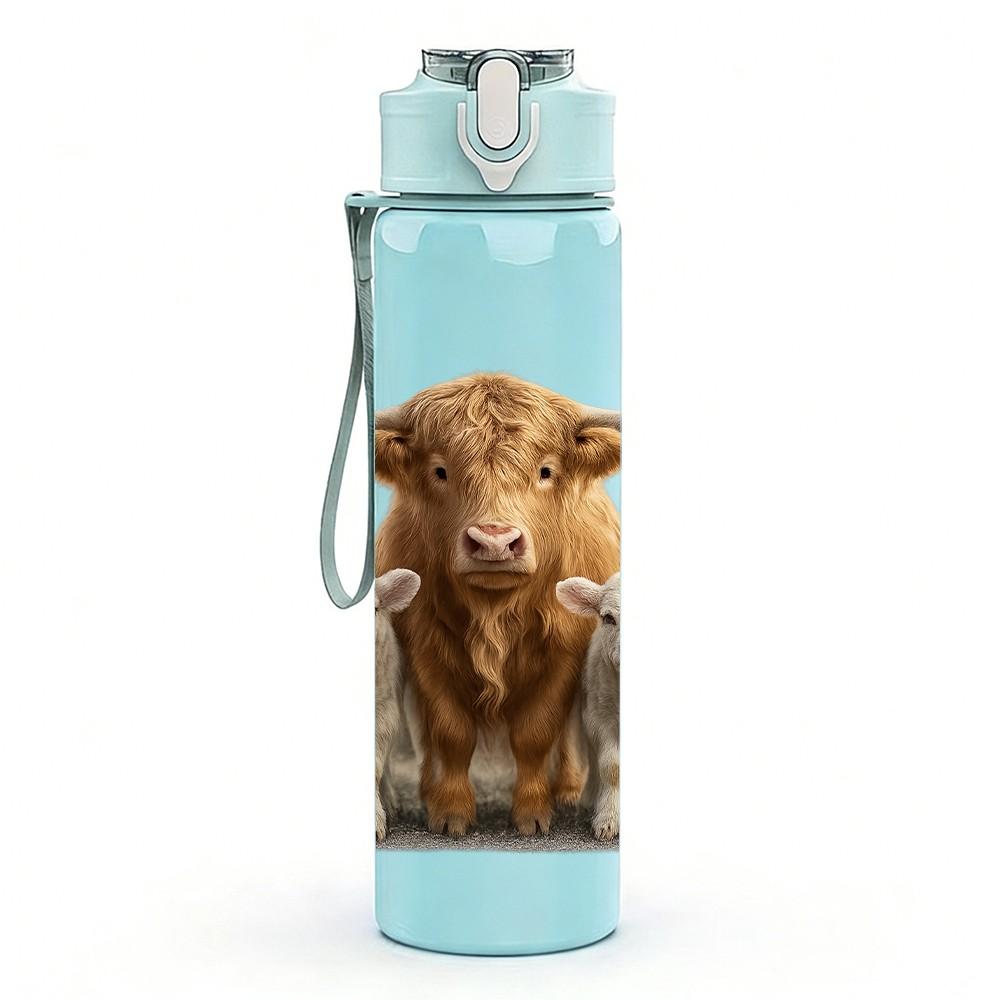 1PC Highland Cow Family Group Bust 750ml Color Plastic Sports Water Bottle Leakproof Flip Straw Lid For Sports Office Home Use