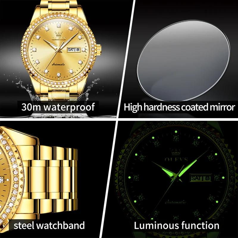 OLEVS Men's Watch Luxury Brand Diamond Automatic Mechanical Watch Stainless Steel Waterproof Calendar Business Men's Watch
