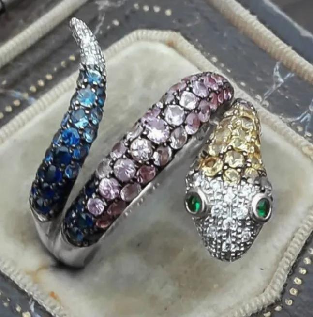 Bague de fiançailles Oeil en Cristal Arc-en-ciel Zircon Vert de Luxe Anneaux de mariage Forme Serpent Exagérée Punk pour Femmes Bijoux Bohème