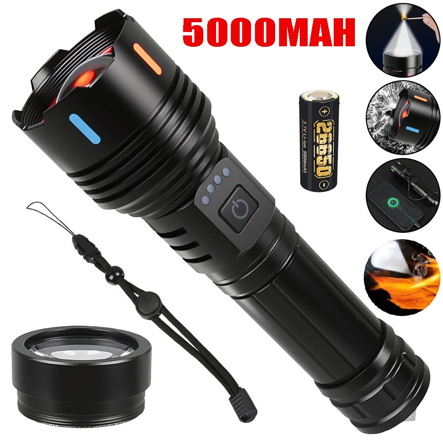 Super Bright Flashlight with Flame Ignition Type-C Rechargeable Outdoor Zoomable Aluminum Alloy Floodlight Camping Adventure