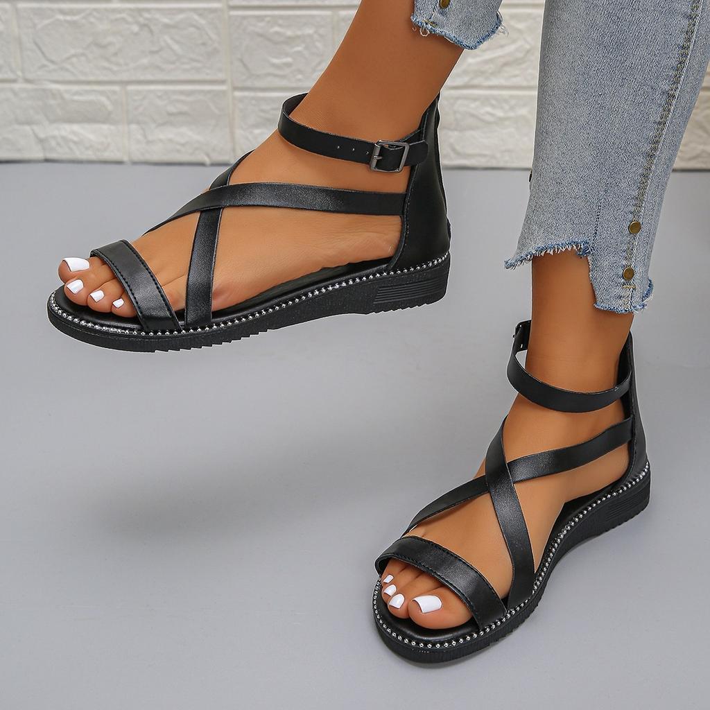Fashion Summer Shoes for Women 2025 New Women Flat Sandals Bottom Roman Strap Sandals with Non Slip Rubber Soles Ladies Daily Sandals