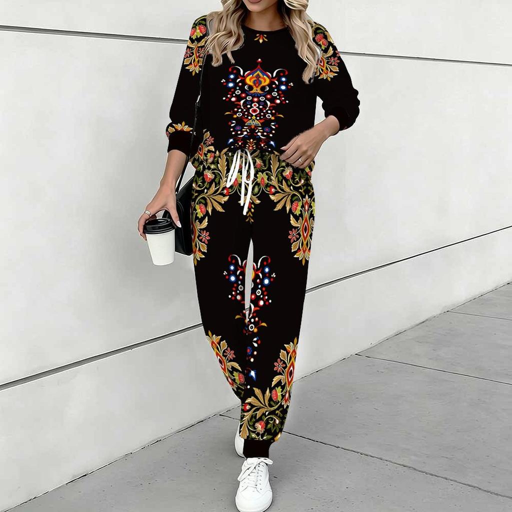 Women Floral Print Two Piece Outfit, Long Sleeve Crew Neck Top & Drawstring Jogger Pants Casual Tracksuit for Spring Autumn