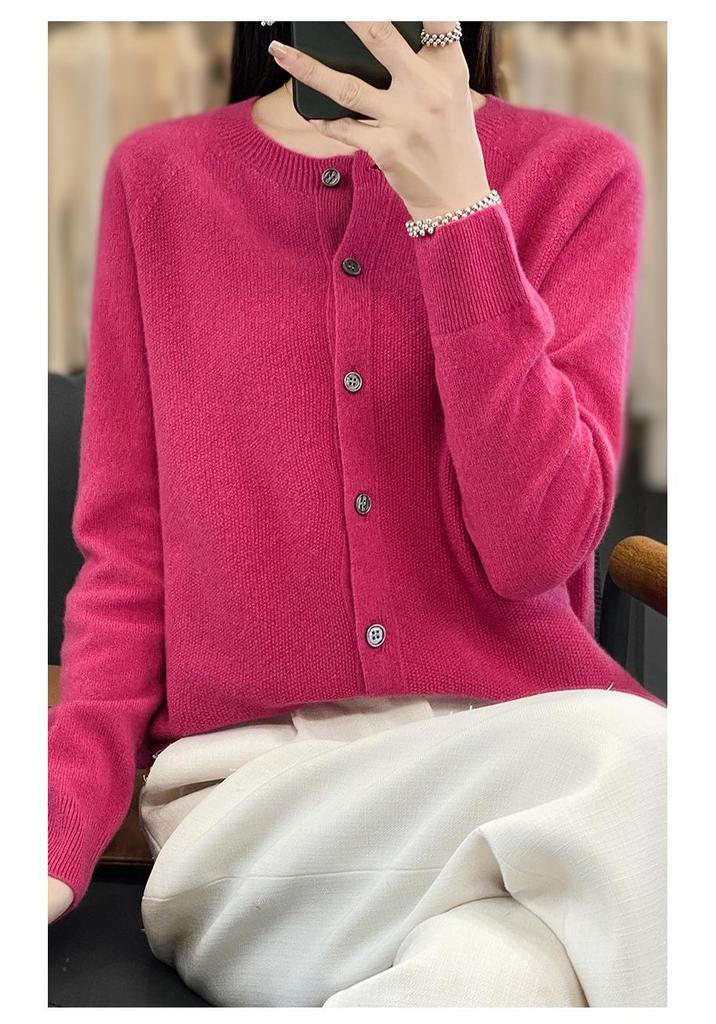 Korean Style Loose Wool Cardigan for Women - 100% Pure Wool, Fine Knit, Round Neck Sweater