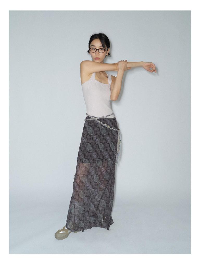 [Shishi] Women's Geometric Print Bias-Cut Long Dress with Ruffle Trim V8039