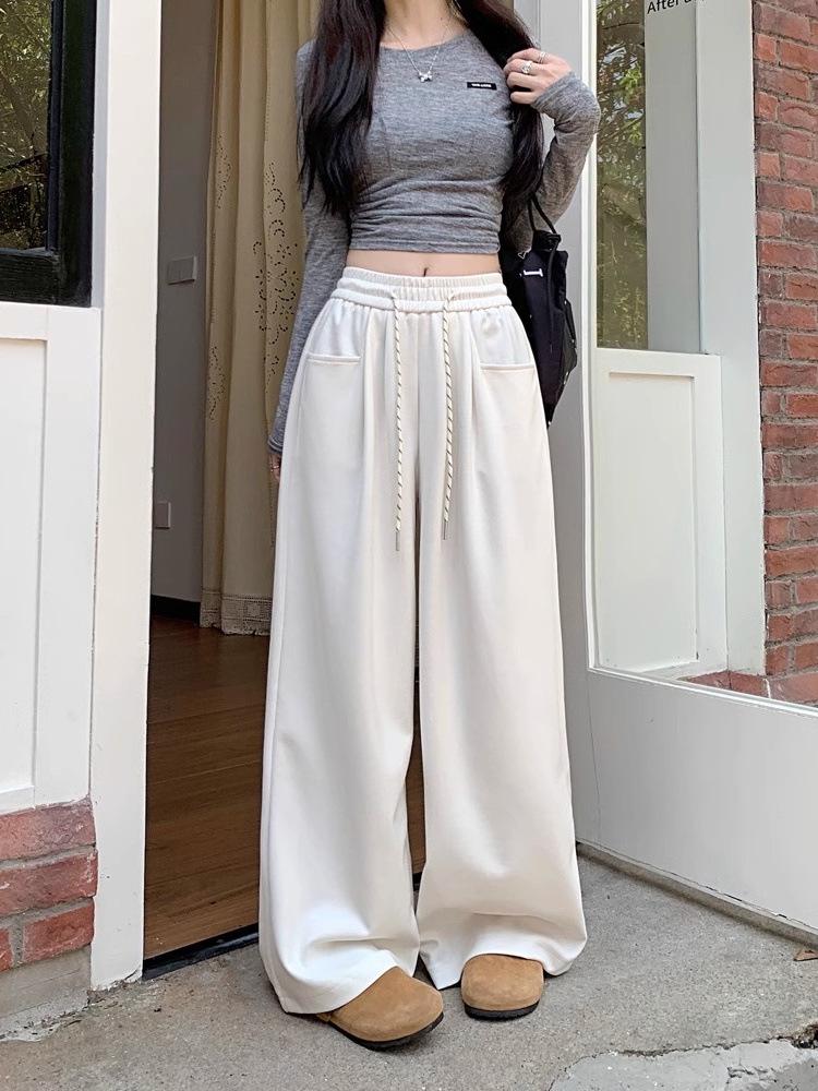 

Широкие брюки с высокой талией и завязками на талии — женские повседневные спортивные брюки на осень 2024 года Extra Large белый