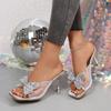 Designer Slippers Fashion Crystal Bowknot High Heels Slippers Square Head Peep Toe High Heels Slippers Summer Party Dress Pumps