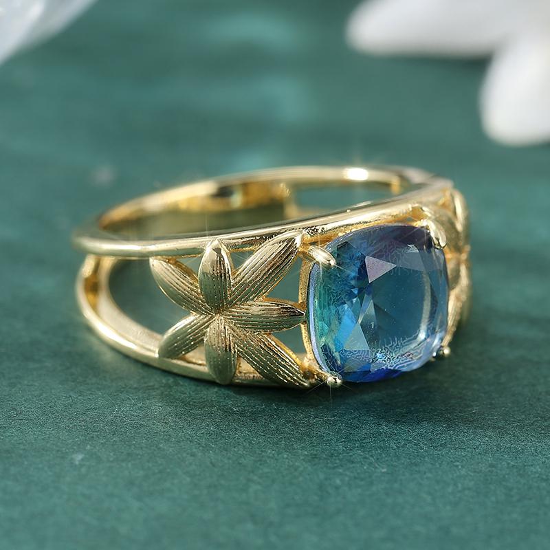 Vintage Elegant Blue Synthetic Zirconia Hollowed Maple Ring for Women Luxury Temperament Banquet Celebration Jewelry Accessories