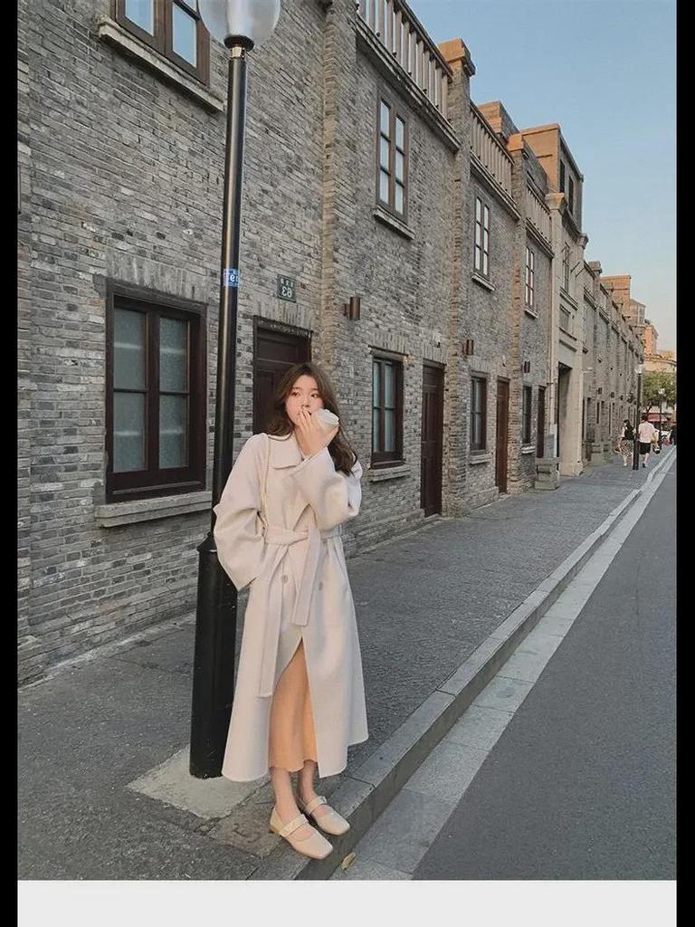 Damen Beige Wollmantel Mittellang - 2024 Herbst/Winter Trend