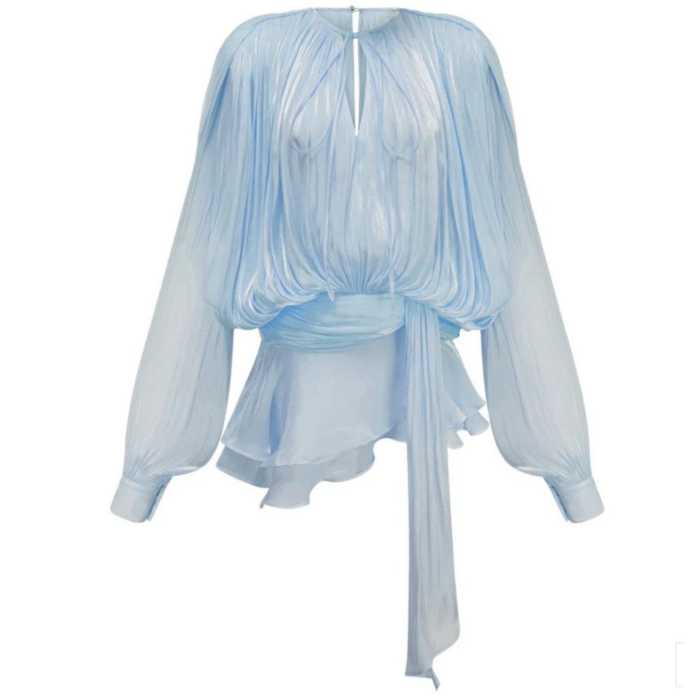 Solide Patchwork Schnürkleider für Damen O-Ausschnitt Langarm Hohe Taille Gespleißte Falten Temperament Kleid Damenmode