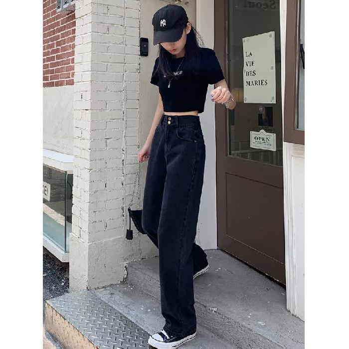 Women s High Rise Wide Leg Jeans Non Stretch Mercerized Denim Pants Loose Straight Leg Trousers For Autumn Petite Casual Outfit S