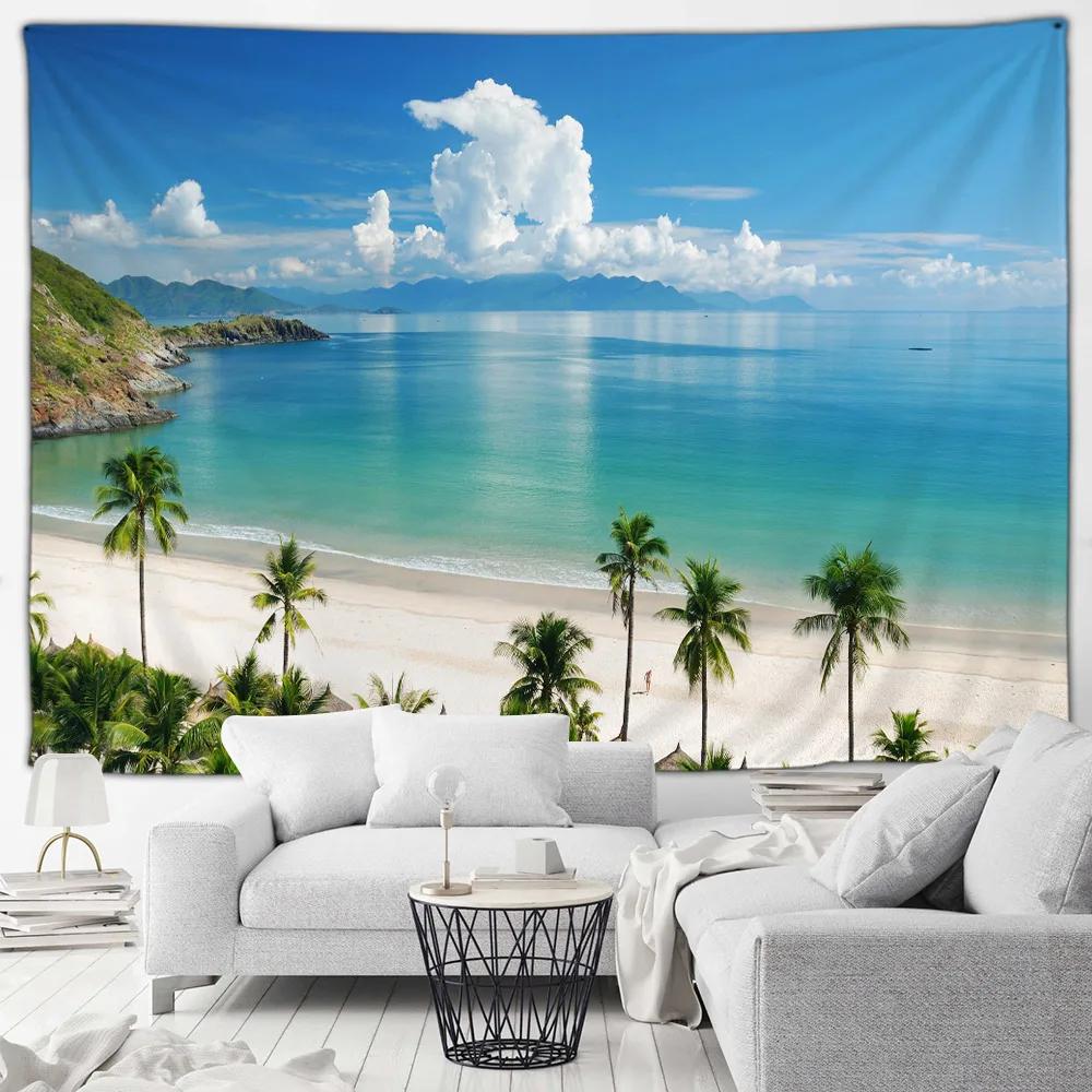 Seaside Beach Tapestry Island Coconut Tree Sunbed Hawaii Ocean Landscape Fabric Home Living Room Garden Decoration Wall Hanging