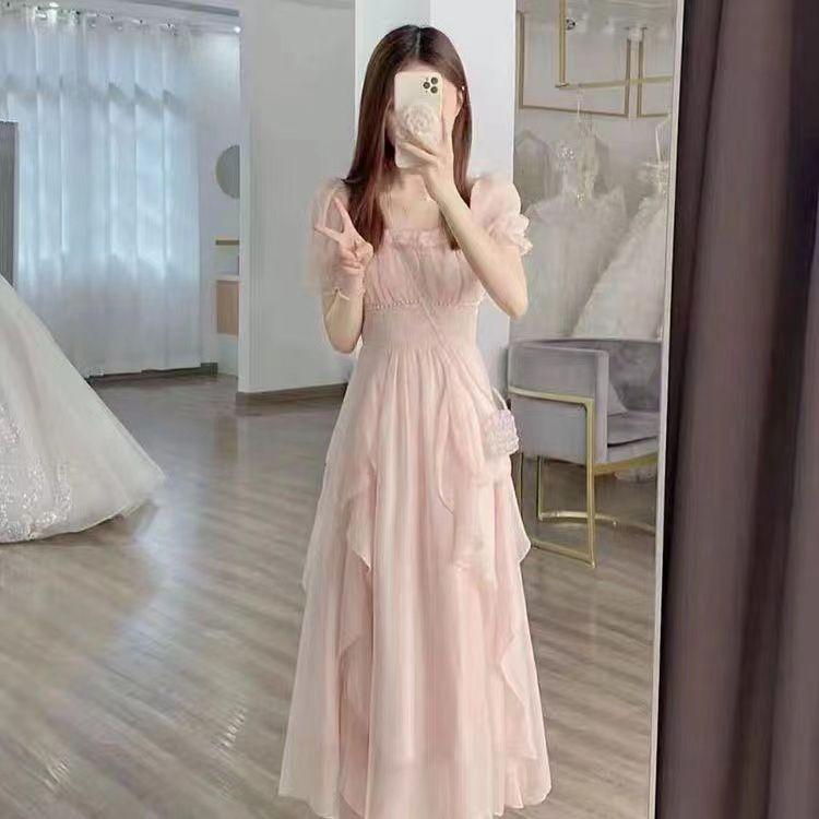 French square neck, sweet and gentle fairy-style dress for women, new summer women's clothing, waist-cinching slimming mid-length dress