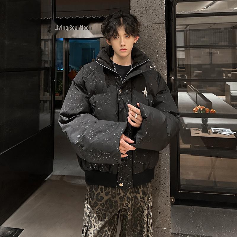 Men's Winter Black Star-Patterned Stand Collar Padded Jacket
