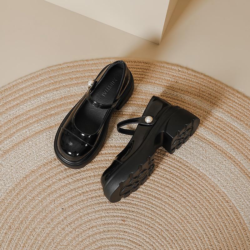 

French high-heeled Mary Jane small leather shoes women s 2025 spring and summer new platform-soled fashion versatile pearl one-word buckle single s 34 чёрный