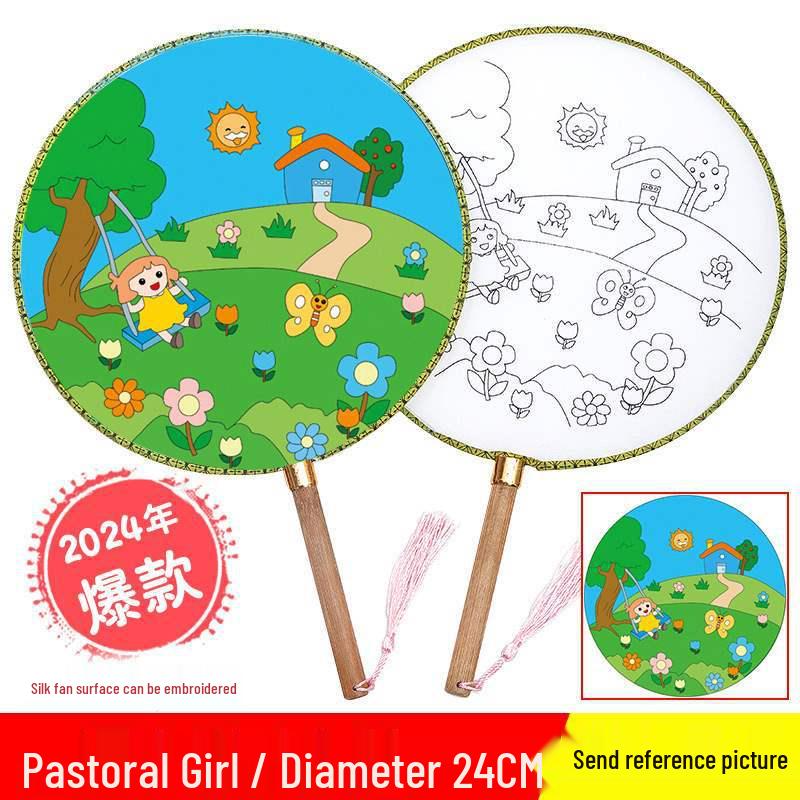 DIY Children's Silk Cloth Round Fan with Bamboo Handle - Palace Style Hand-Painted Kindergarten Craft