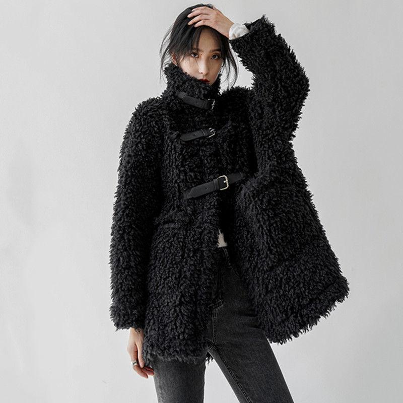 Black Lamb Wool Coat for Women's Autumn and Winter High-necked Temperament, Thin and Thickened Imitation Fur Long-haired Coat