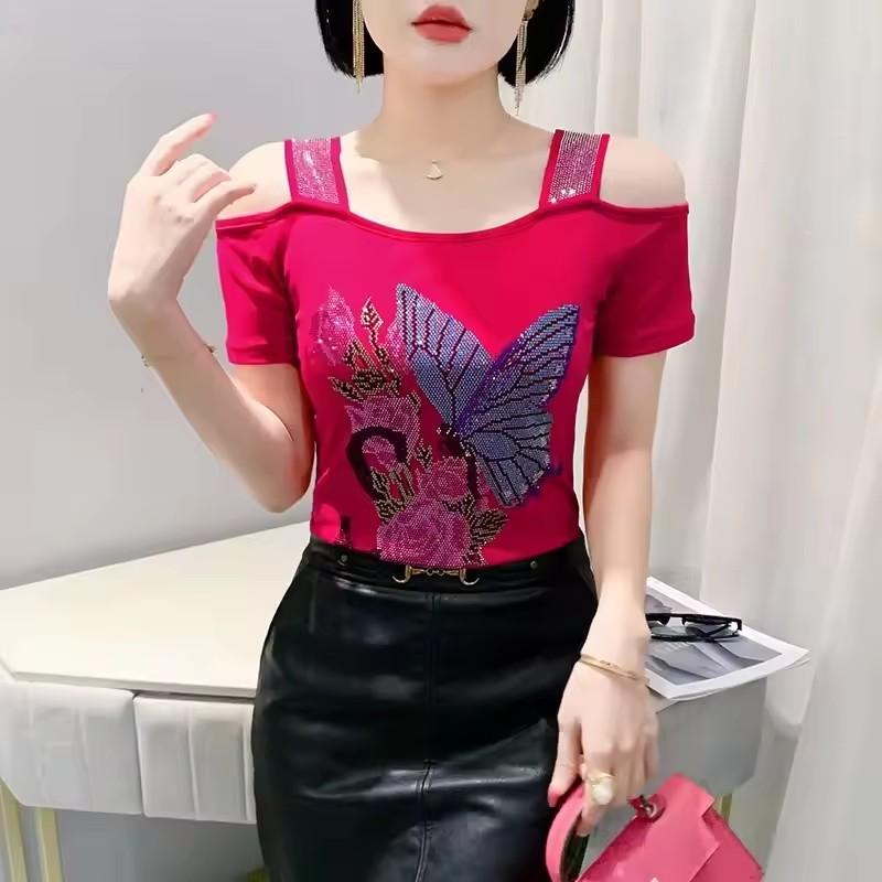 TrendHub Sexy Off Shoulder T Shirt for Women Luxury Flower Diamonds Short Sleeve Tee Summer Fashion Womens Mesh Tee Shirts Top
