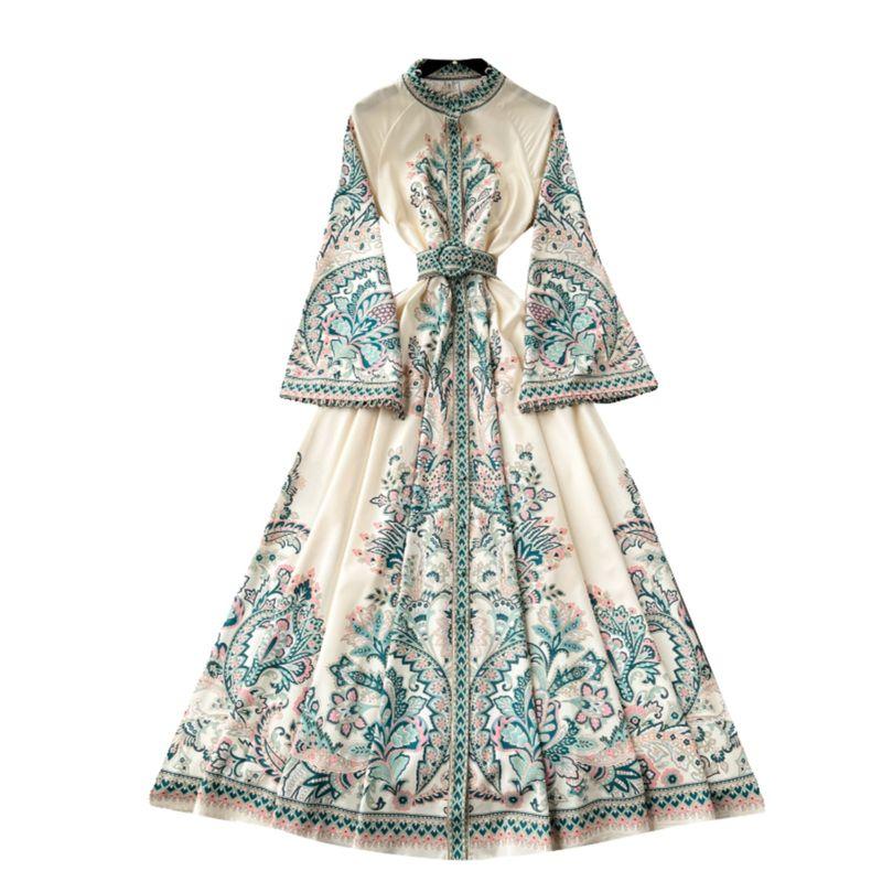 Spring New Arrival French Style Vintage Court Style Print Dress Women's Fancy Loose Fitted Waist Flare-Sleeve Dress