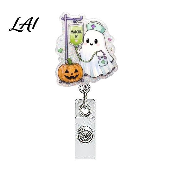 Halloween Office Decor Retractable Badge Reel Ghost Black Cat And Pumpkin Design Acrylic Id Reel 360 Degree Rotating ID Holder for Nurses Staff Card