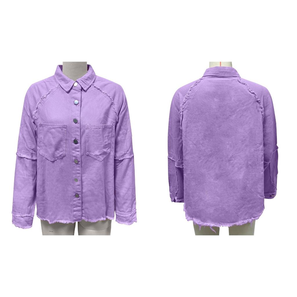 Long Sleeve Denim Jacket Women Washed Raw Edge Mid-Length Loose Jacket