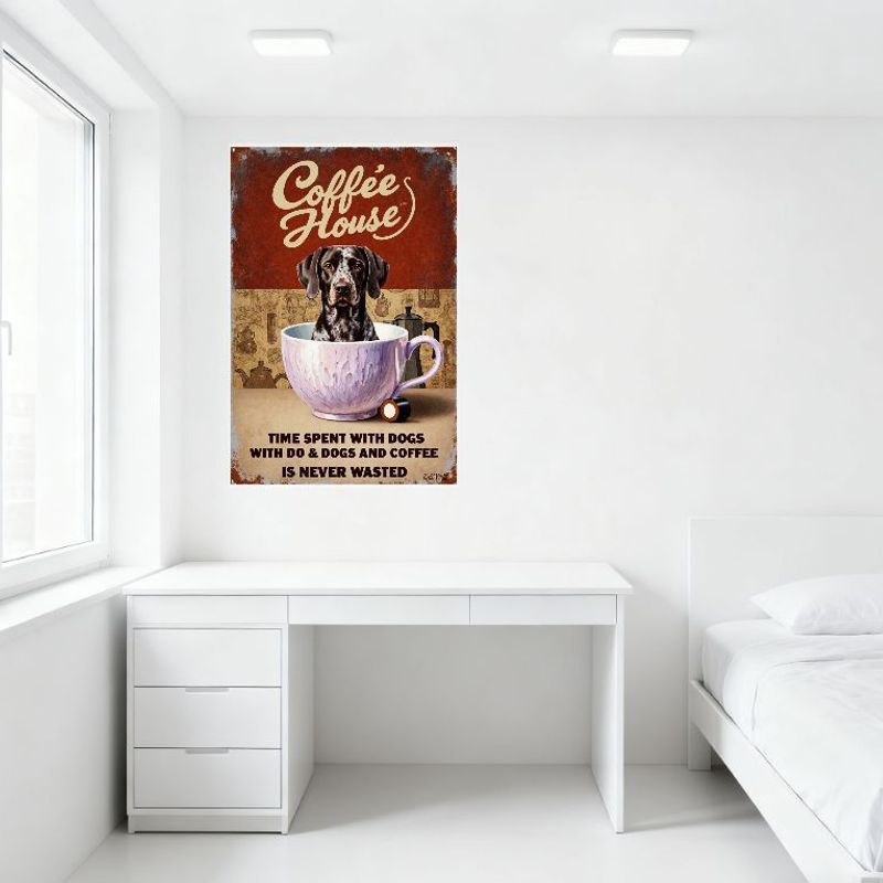 Vintage Coffee House Metal Tin Sign - Retro Whimsical Dog & Coffee Themed Wall Art for Cafe Bar Man Cave Home Decor