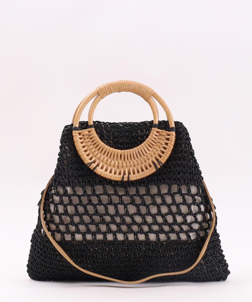 Rattan Round Handle X Paper Black [Cuko] Handbag, 2-way bag/A4 Size, Women's, (019)