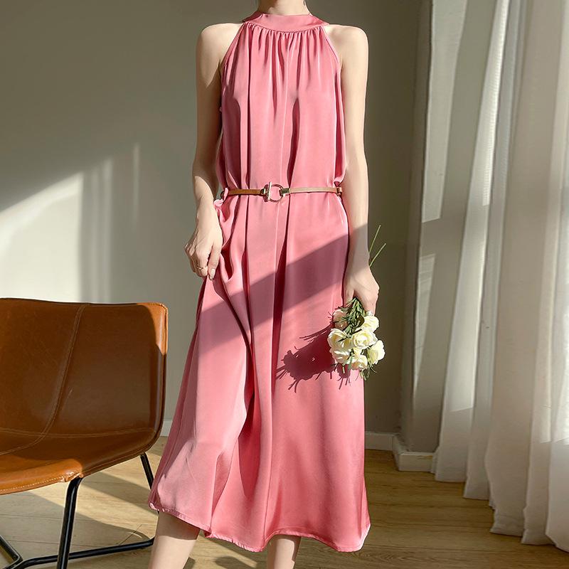 2024 Summer Women's French Retro Acetate Satin Halter Neck Sleeveless Dress
