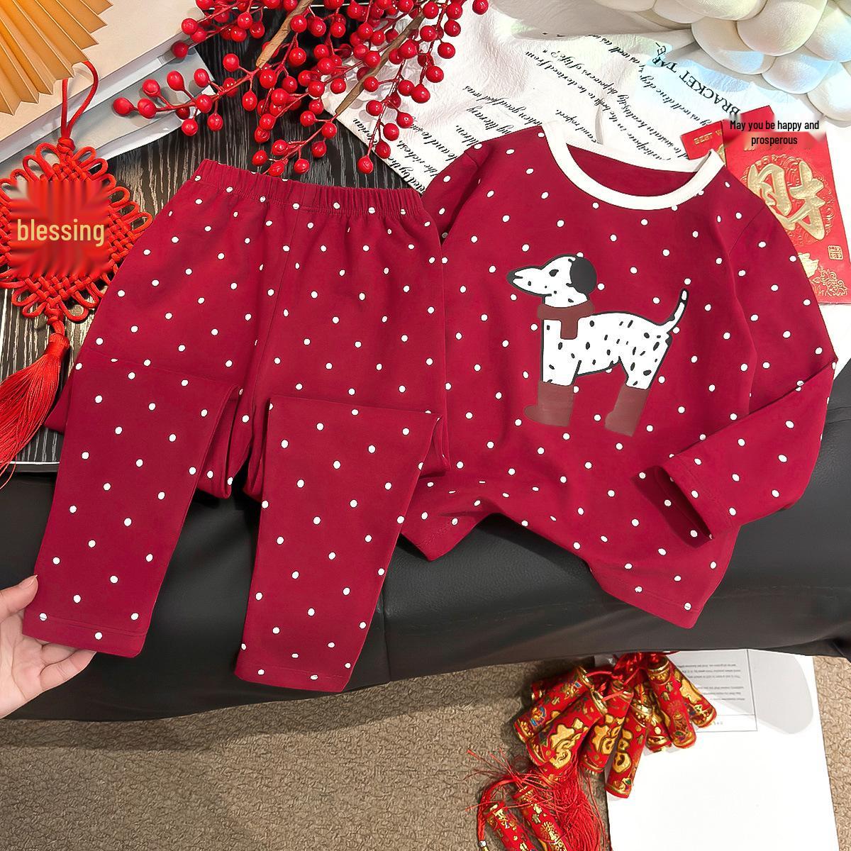 Детский красный хлопковый новогодний пижамный комплект 2025 года для мальчиков и девочек 80cm