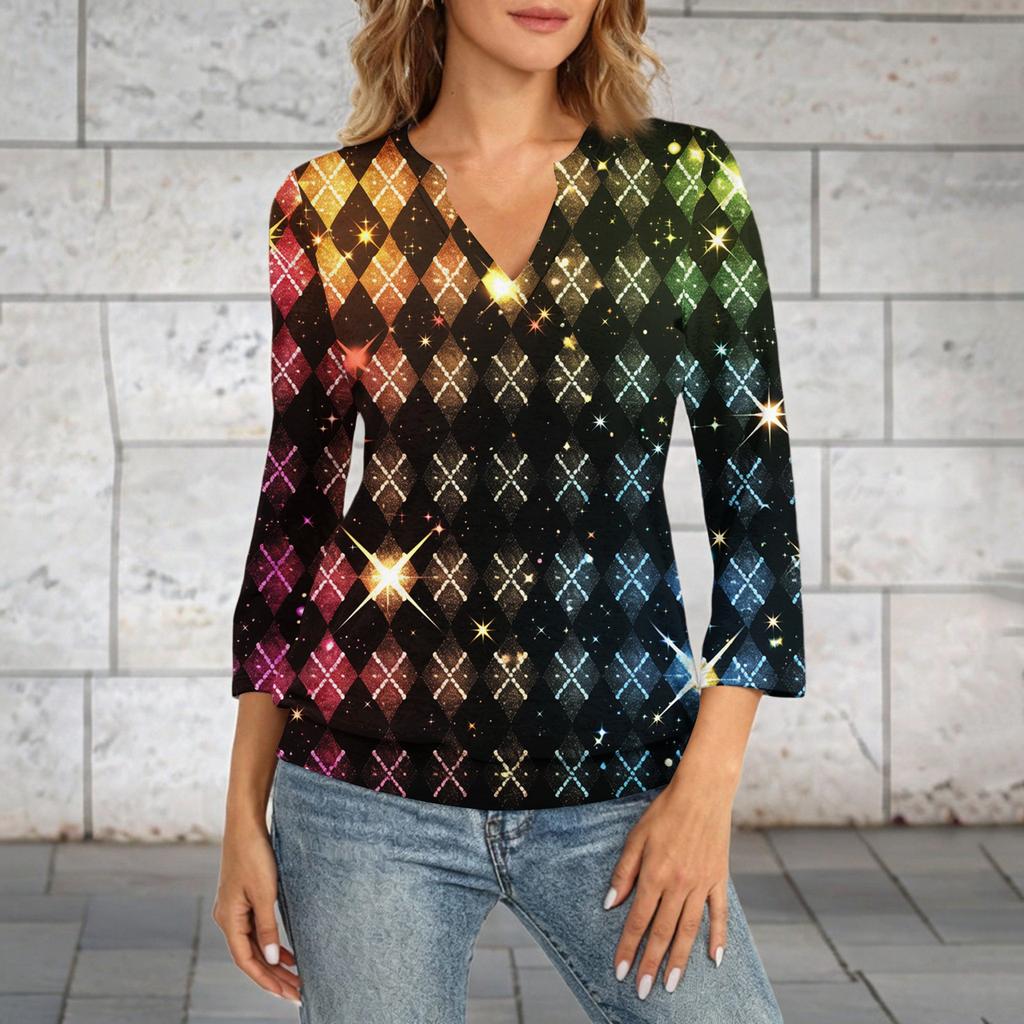 Women's 3/4 Sleeve Top With Cuffed Hem, V-Neck, Summer Casual -Shirt, Carnival Printed Top