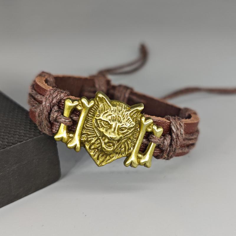 Men's Punk Leather Bracelet with Tibetan Wolf Head - Multi-Layer Woven Cord, Perfect Gift for Boyfriend