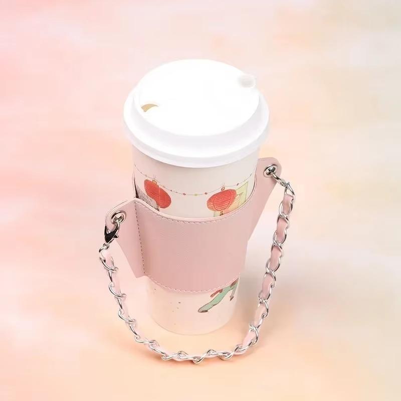 Coffee Cup Cover Chain Portable Pu Leather Drink Soda Bag Hanging Portable Heat Insulation and Ironing Cup-Cover