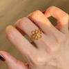 Fashionable and Minimalist Hollow Flower Design, Gold Ring Inlaid with Yellow Zircon, Adjustable Women's Open Ring
