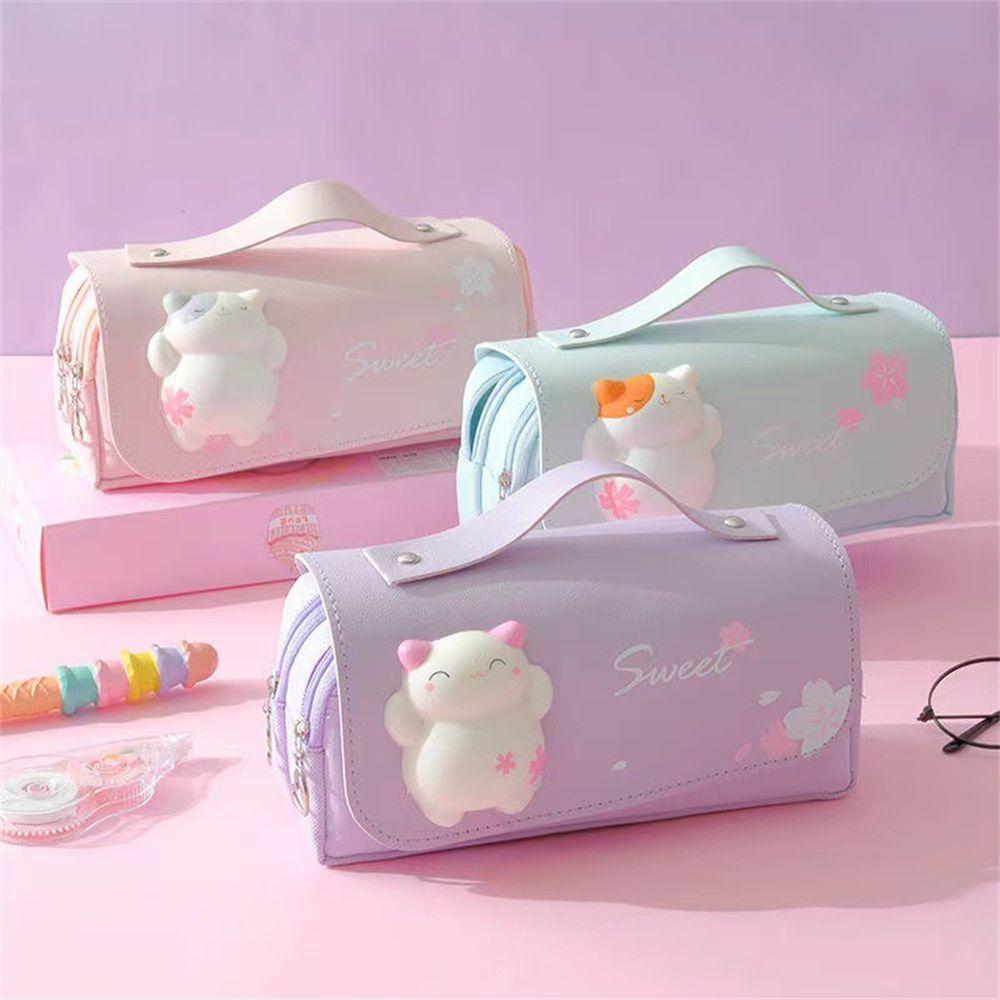 

Cute Cat Decompression Pencil Case Large-capacity Three-layer Stationery Case Slow Rebound Pencil Case Portable Kawaii Pen Bag