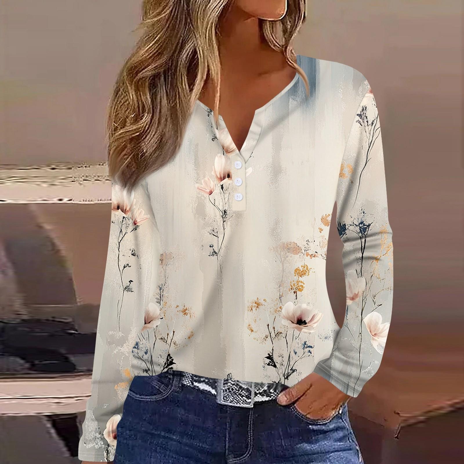 Жен. Футболка Футболка С принтом Пуговицы Длинный рукав Повседневные Выходные Мода — фото 6