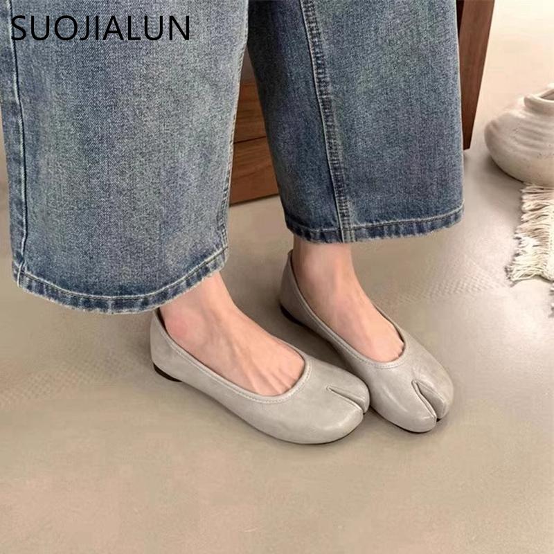 Fashion SUOJIALUN 2025 Spring New Brand Women Flat Shoes Fashion Split Toe Flat Ballet Shallow Slip On Female Casual Slip On Loafer Shoe