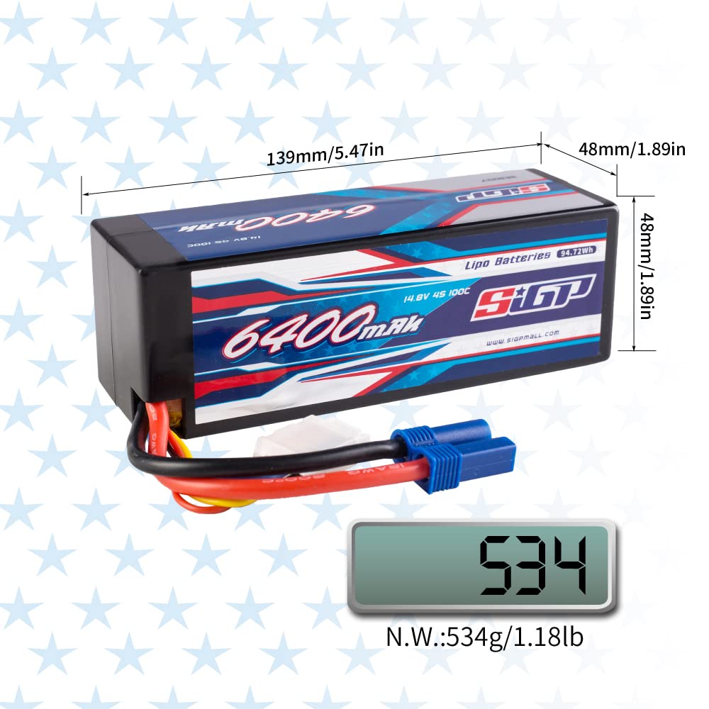 SIGP 4S 14.8V 6400mAh LiPo 100C EC5 Plug Hard Pack Battery for RC Drones, RC Trucks, RC Truggys, RC Models, FPV Racing, Two Packages