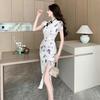 Sexy Wind Disc-buckled Floral Cheongsam Dress for Women's Summer Slim-fitting Waist-wrapped Hips Split-ended Medium and Long Skirts