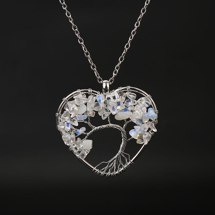 Seven-Color Heart-Shaped Tree of Life Necklace with Natural Stone Crystals